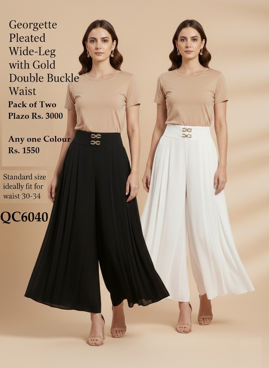 Georgette Pleated Wide-Leg Plazo with Gold Double Buckle Waist – Pack of Two (Black & White) – QC6040 - QC6040