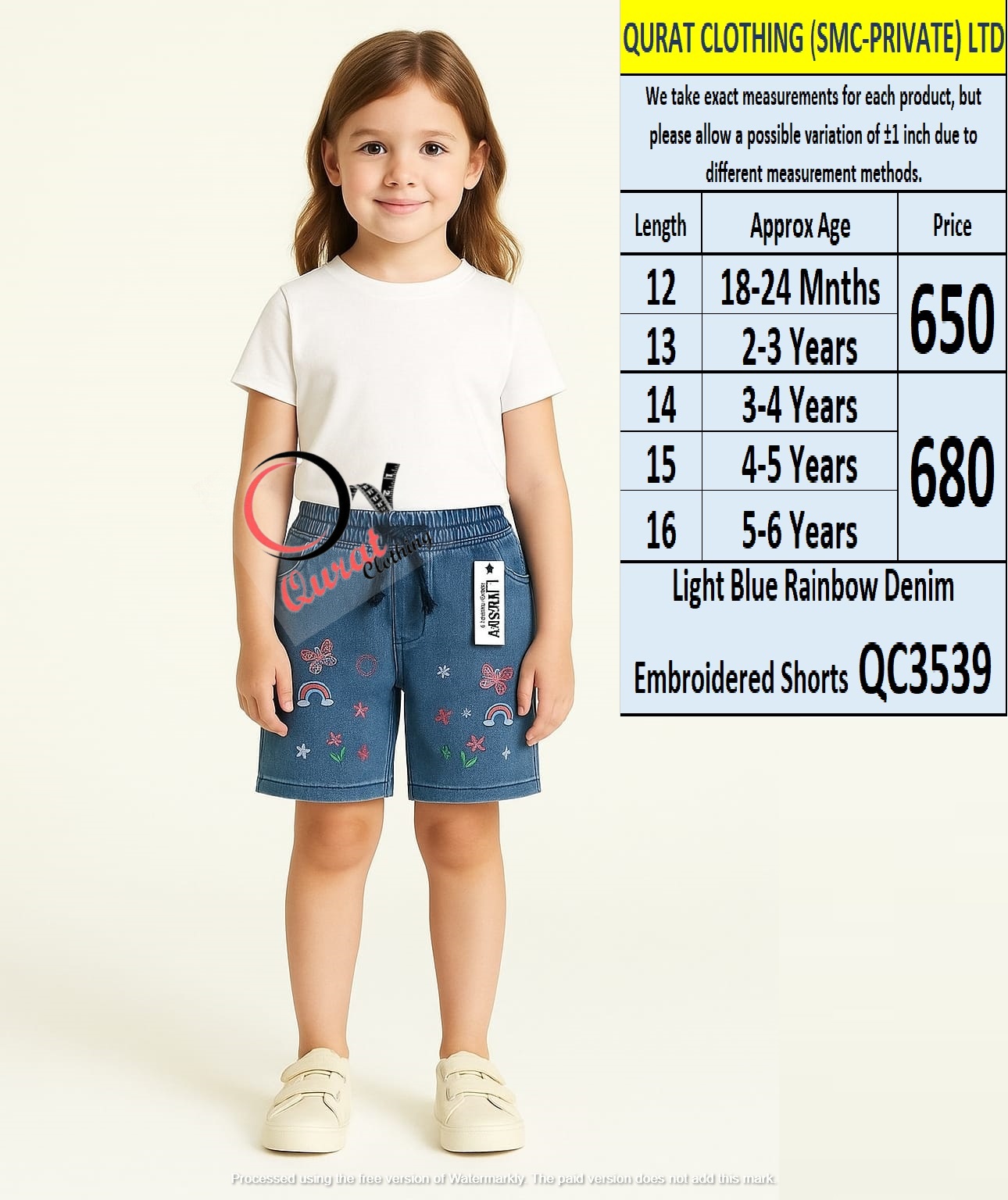 Light Blue Rainbow Denim Embroidered Shorts QC3539