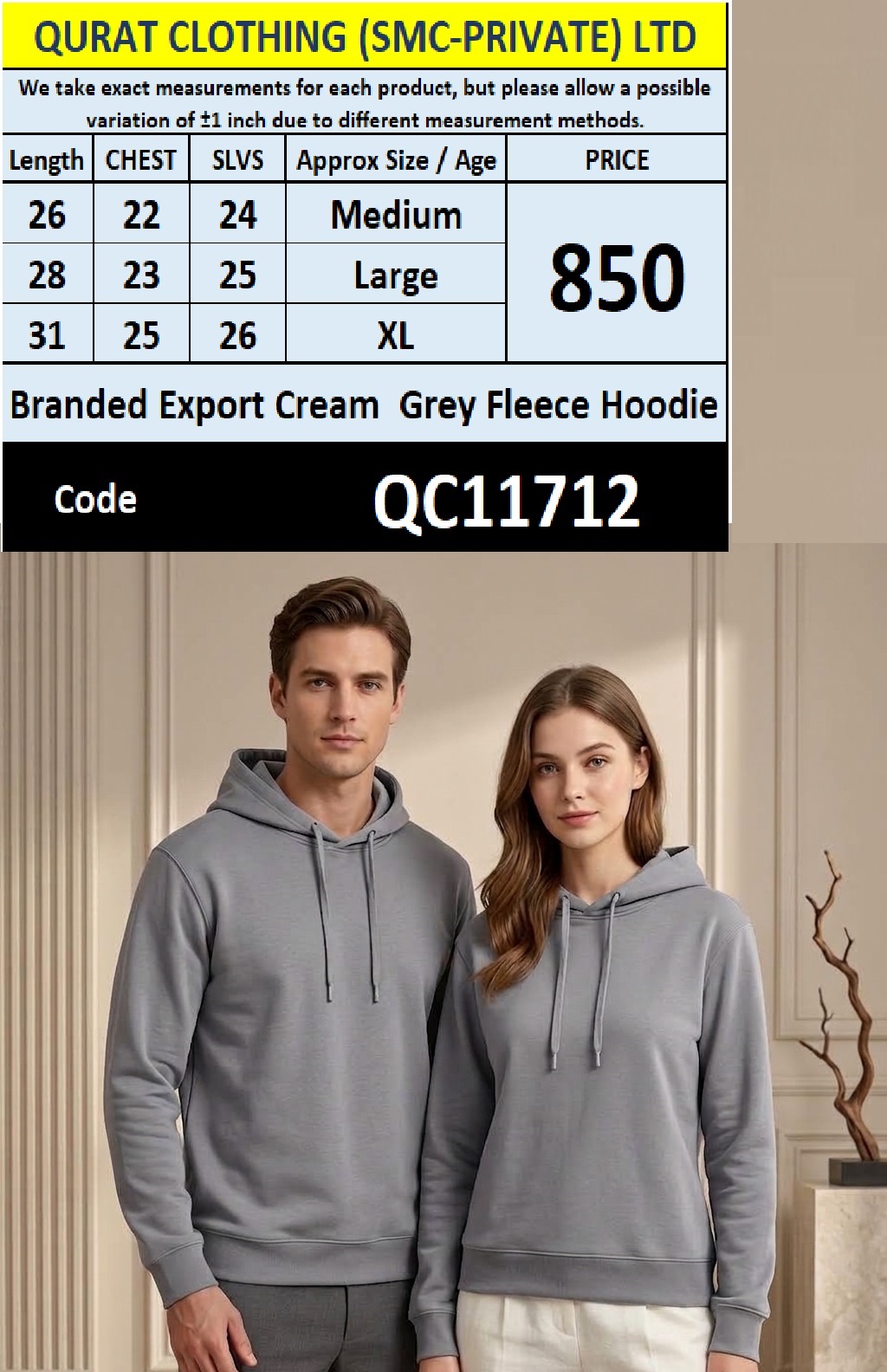 Branded Export Cream Grey Plain Fleece Hoodie QC11712