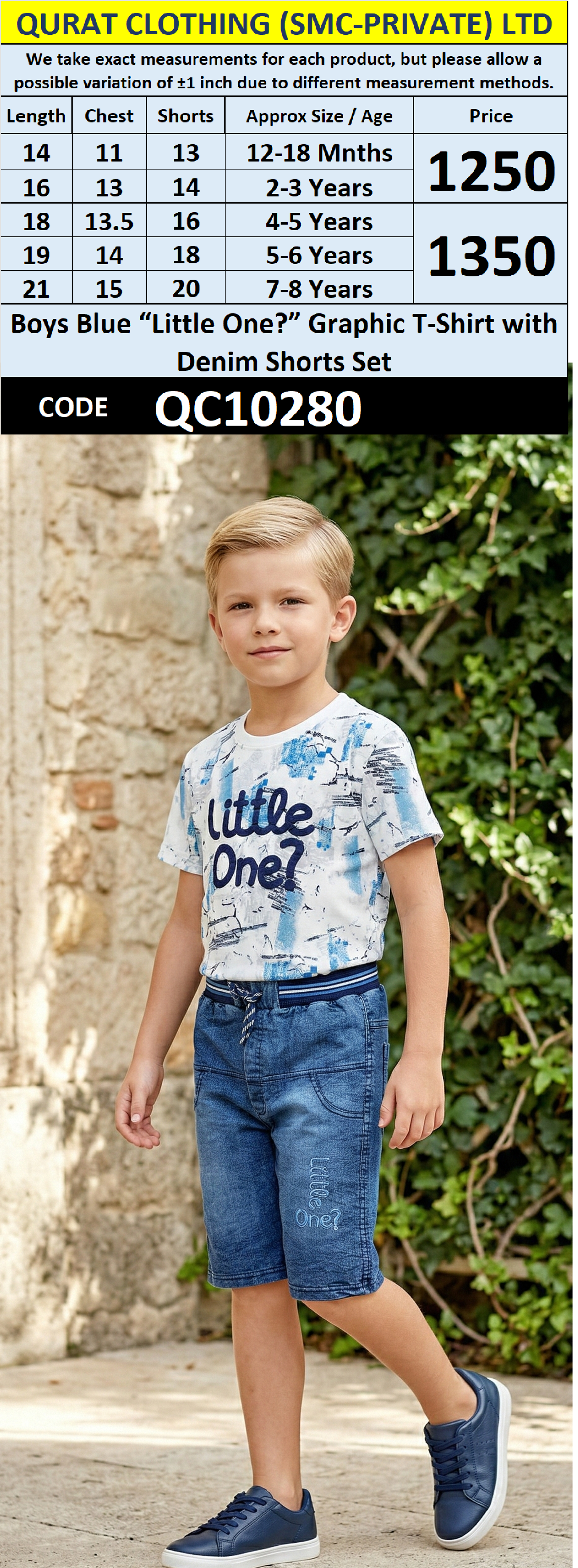 Boys Blue “Little One?” Graphic T-Shirt with Denim Shorts Set QC10280