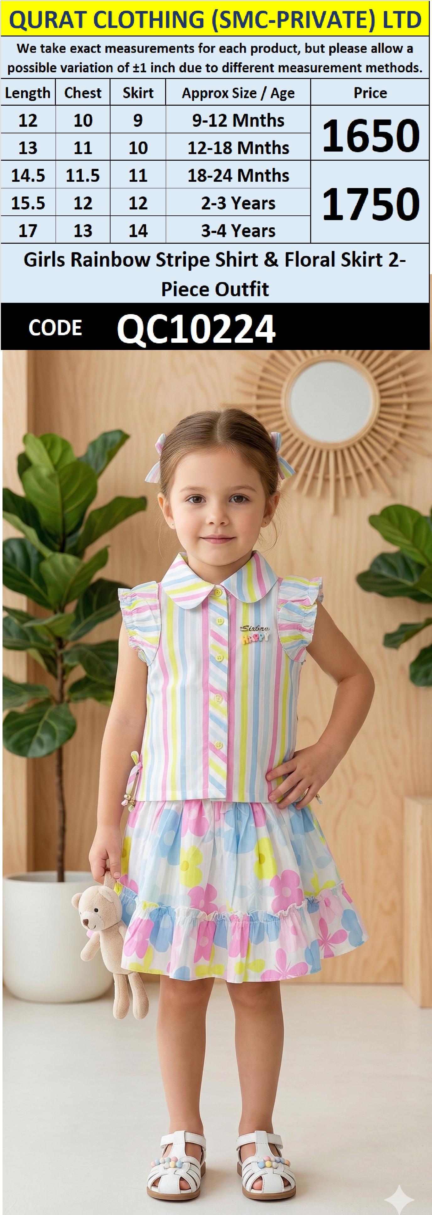 Girls Rainbow Stripe Shirt & Floral Skirt 2-Piece Outfit – QC10224