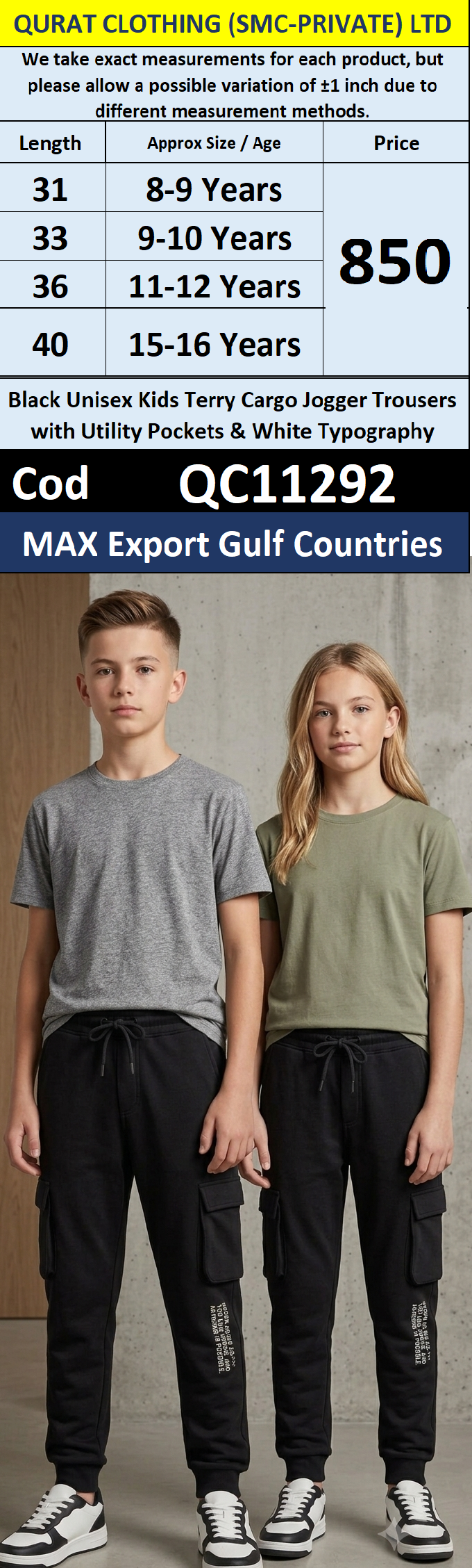 Black Unisex Kids Terry Cargo Jogger Trousers with Utility Pockets & White Typography – MAX Export Gulf Countries – QC11292