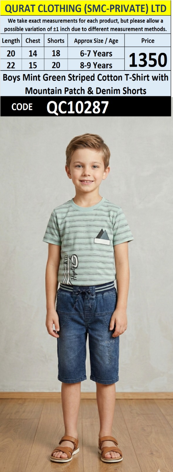 Boys Mint Green Striped Cotton T-Shirt with Mountain Patch & Denim Shorts QC10287
