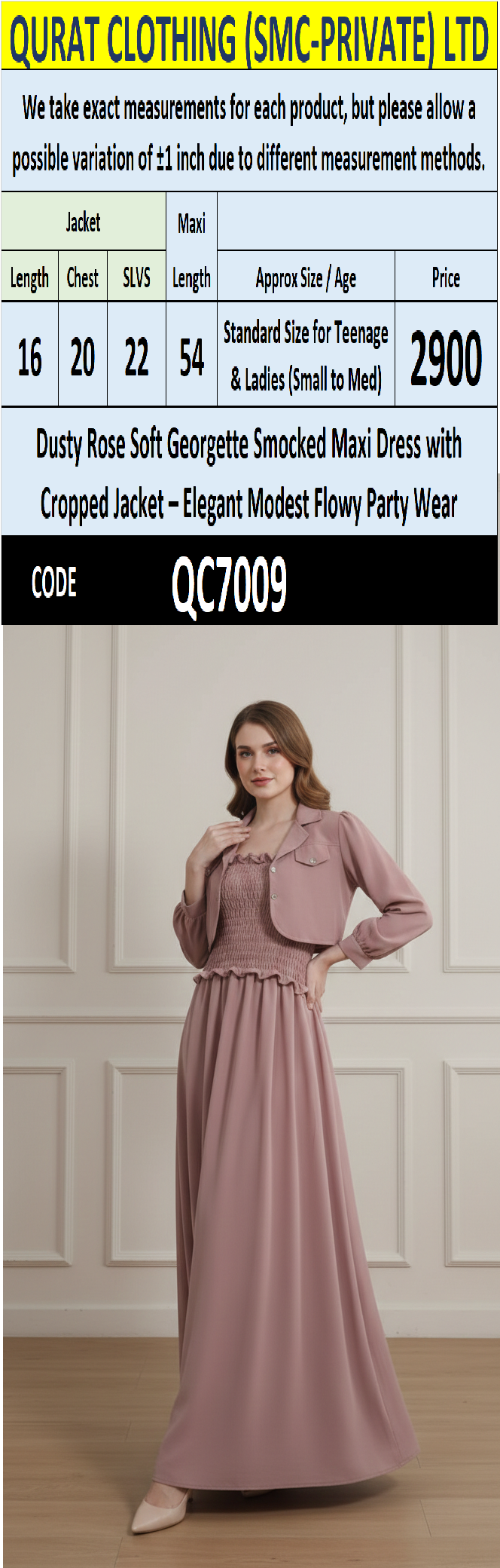 Dusty Rose Soft Georgette Smocked Maxi Dress with Cropped Jacket – Elegant Modest Flowing Party Wear – QC7009 - QC7009