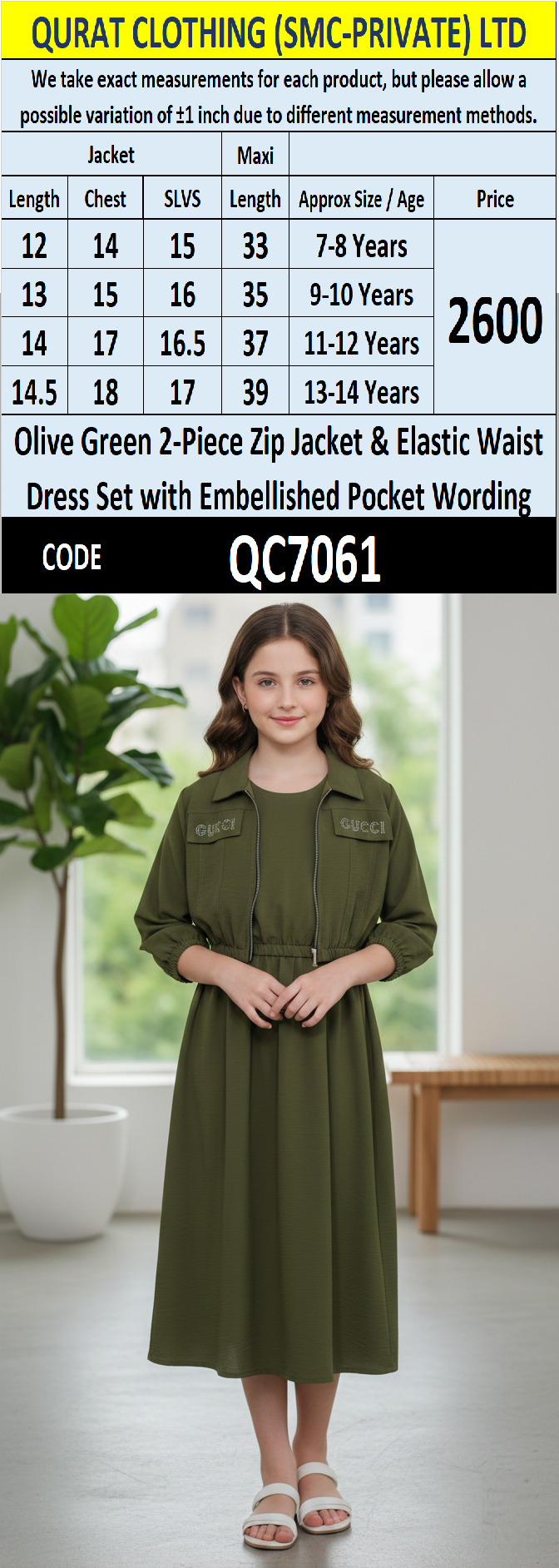 Olive Green 2-Piece Zip Jacket & Elastic Waist Maxi Dress Set with Embellished Pocket Wording for Girls - QC7061 - QC7061