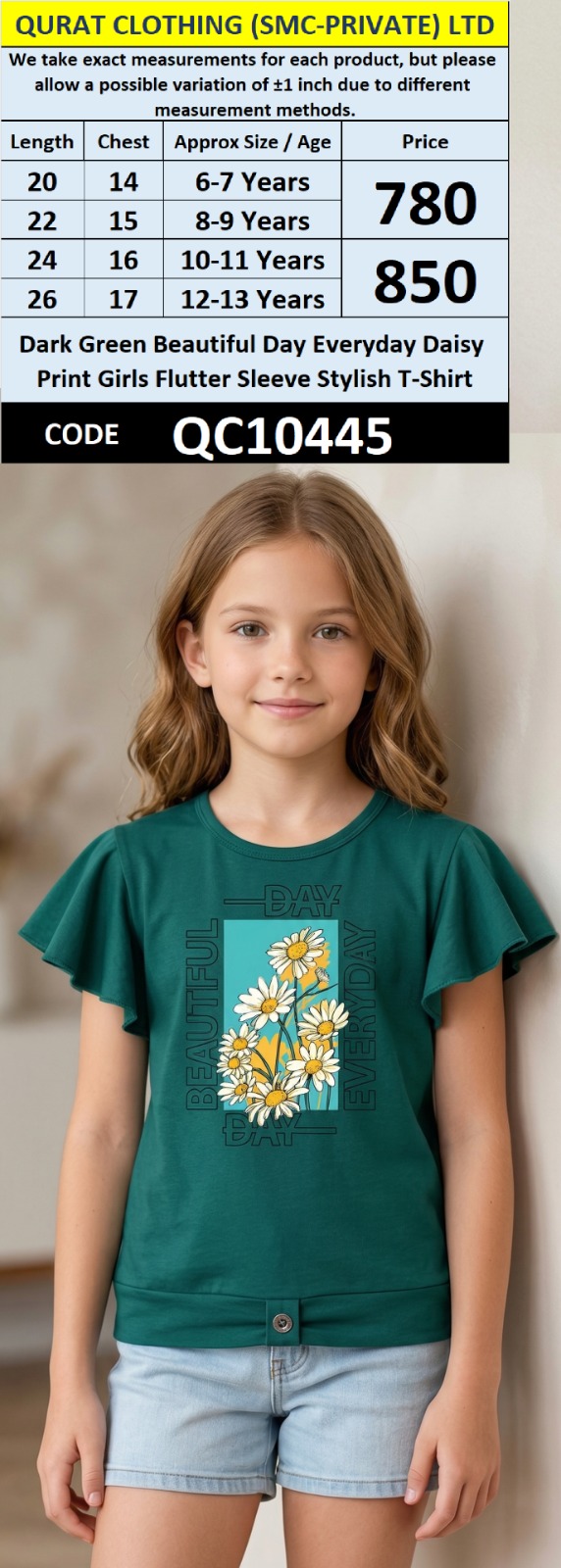 Dark Green Beautiful Day Everyday Daisy Print Girls Flutter Sleeve Stylish T-Shirt QC10445