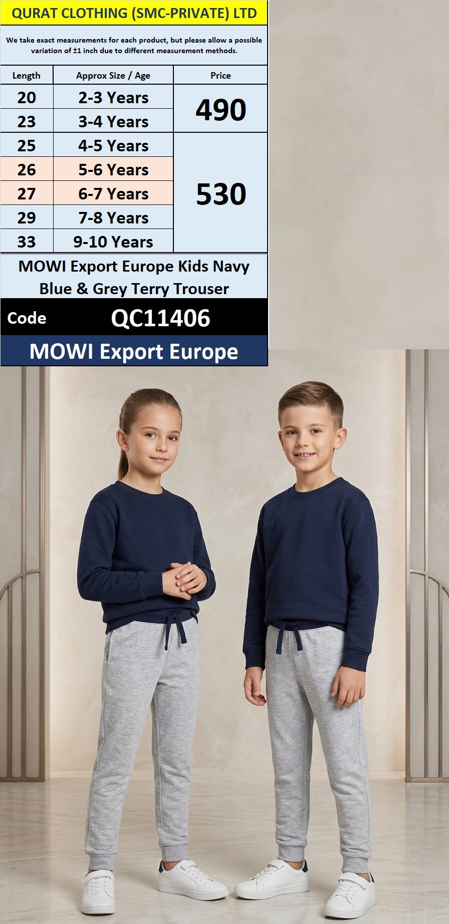 MOWI Export Europe Kids Grey Terry Trouser – QC11406