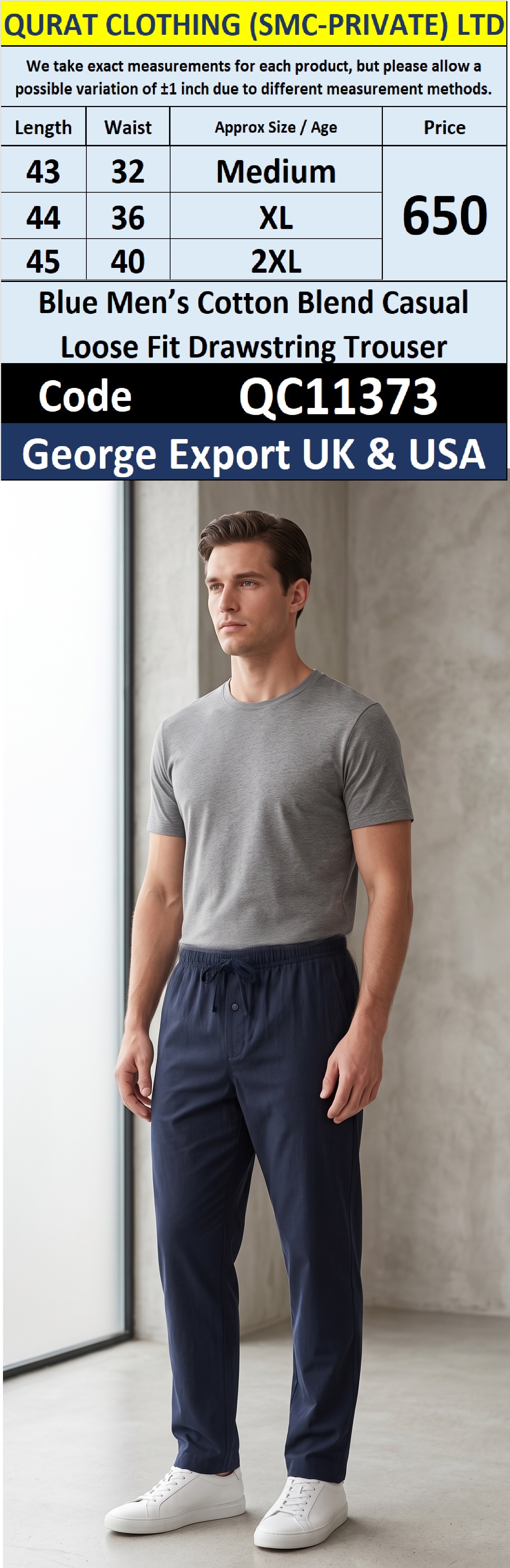 George Brand Blue Men’s Cotton Blend Casual Loose Fit Drawstring Trouser – QC11373 - Export UA & USA 