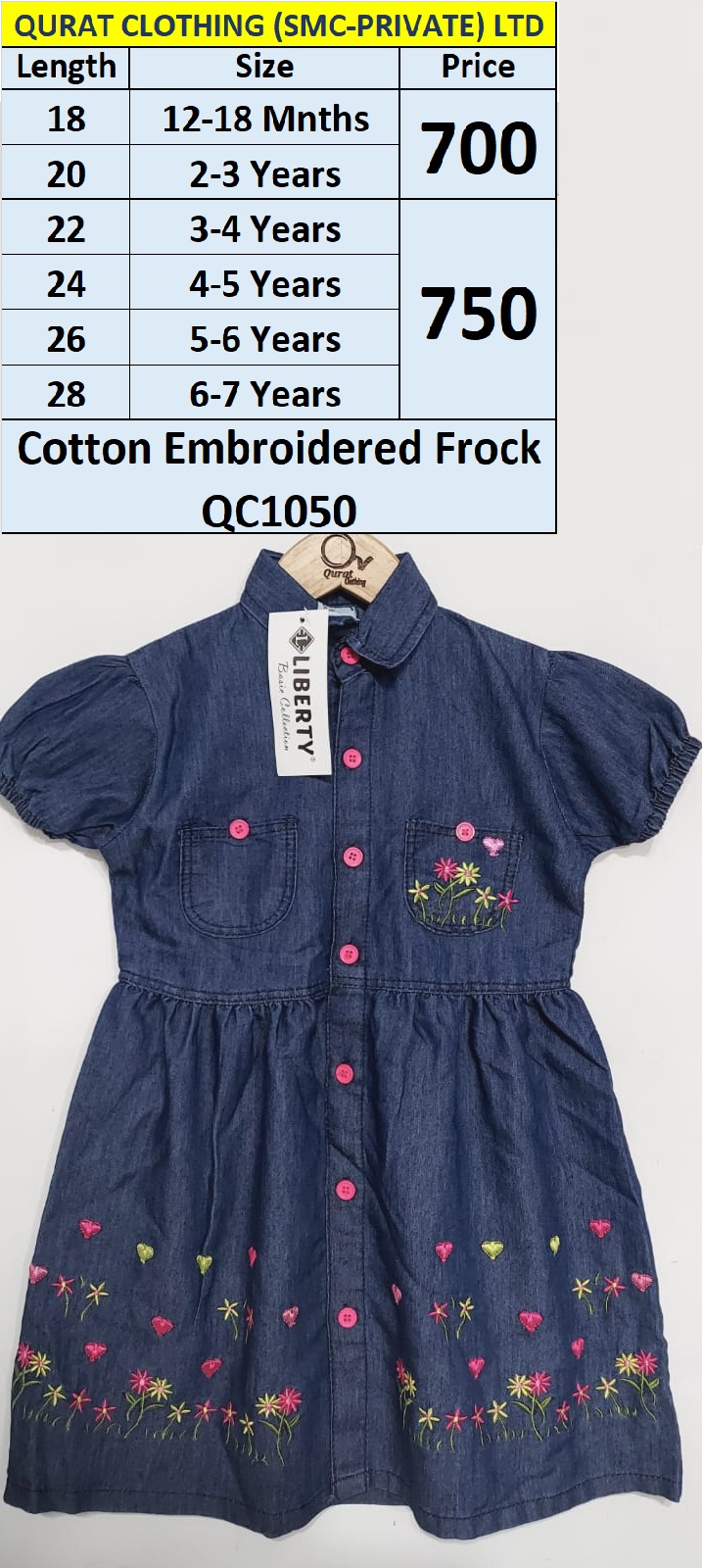 Dark Blue Cotton Embroidered Frock QC1050 - QC1050