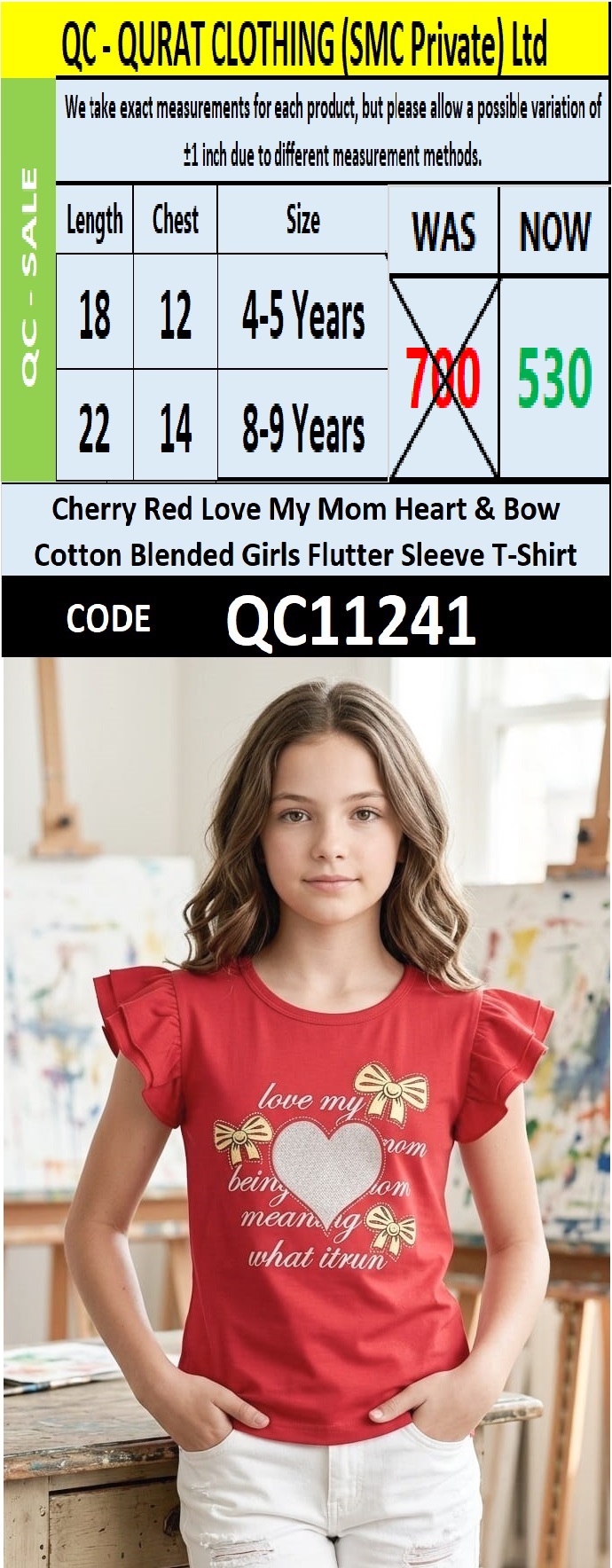 Cherry Red Love My Mom Heart & Bow Graphic Printed Cotton Blended Girls Flutter Sleeve T-Shirt QC11241