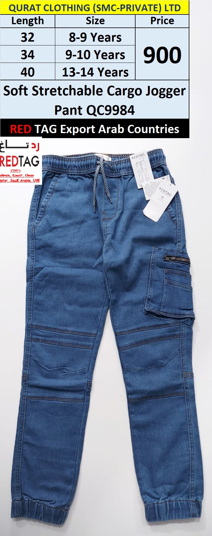 RED TAG Brand Soft Stretchable Cargo Jogger Pant QC9984, Export Arab Countries