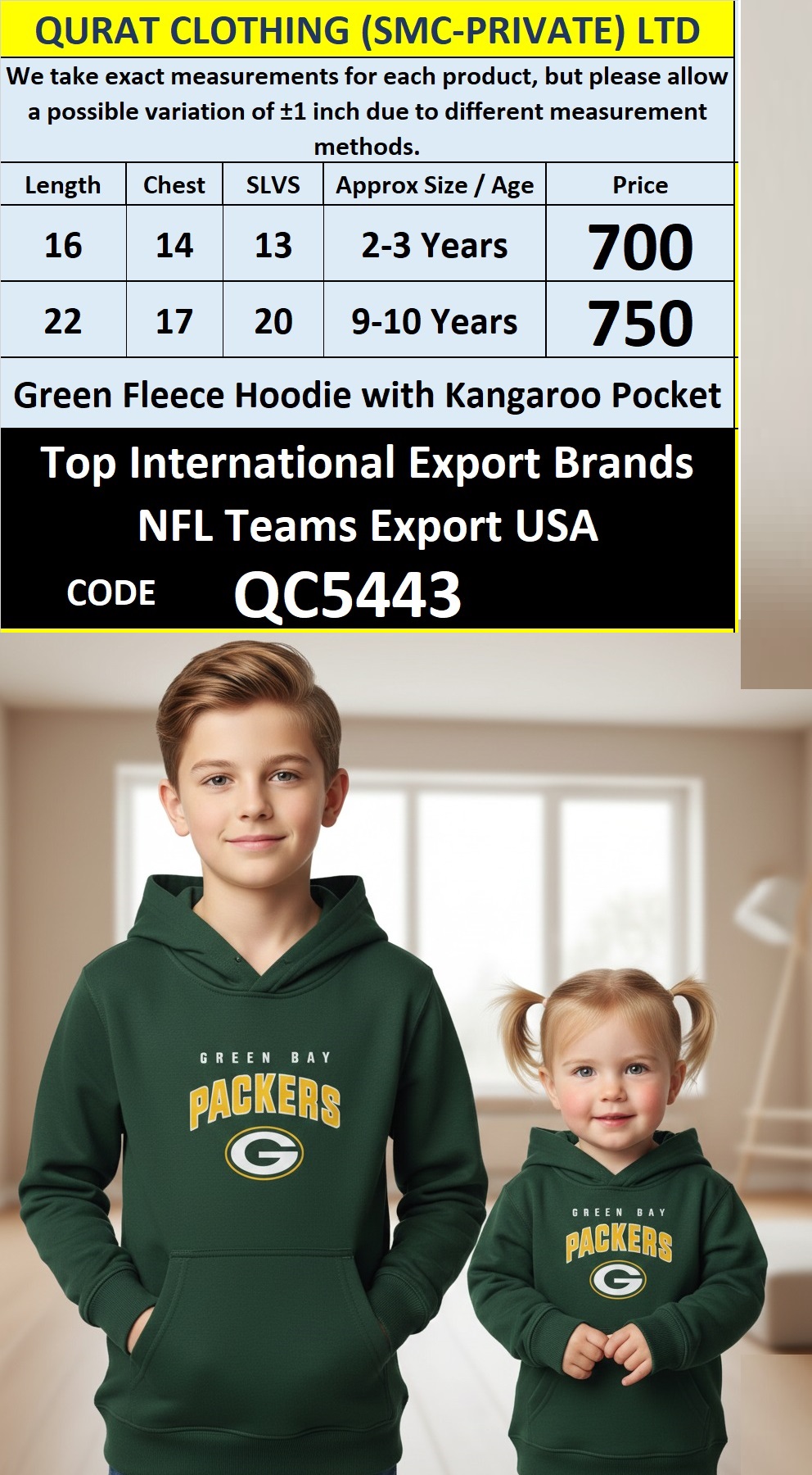 Green Fleece Hoodie Green Bay Packers Printed Logo with Kangaroo Pocket – Export USA – QC5443