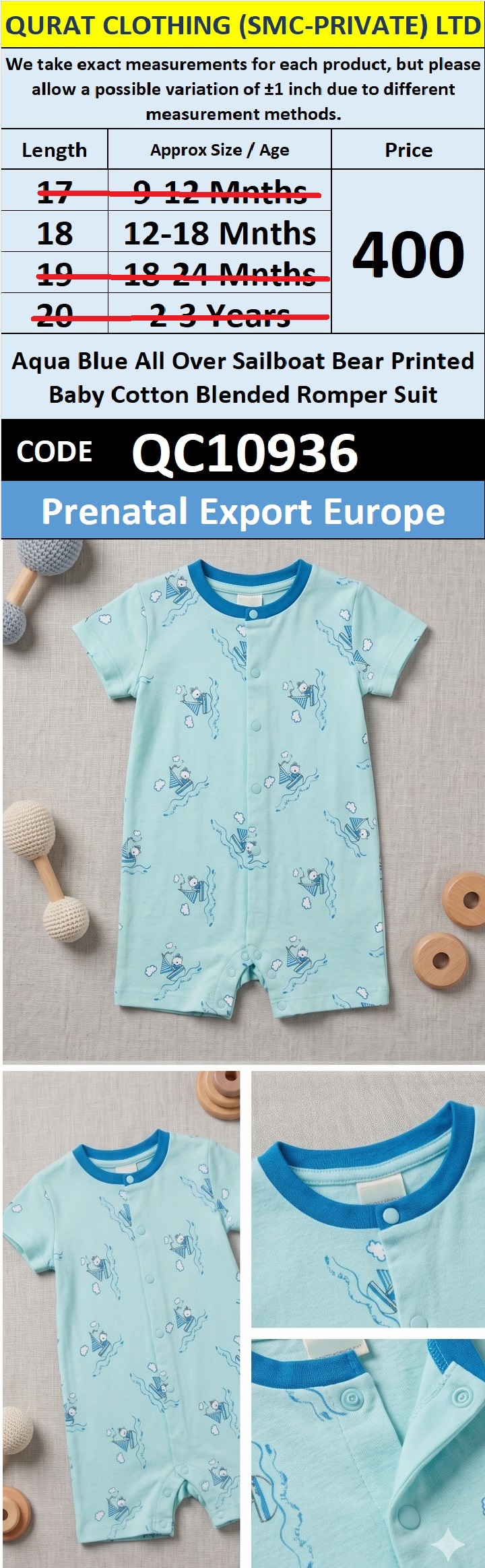 Prenatal Export Europe Aqua Blue All Over Sailboat Bear Printed Baby Cotton Blended Romper Suit QC10936