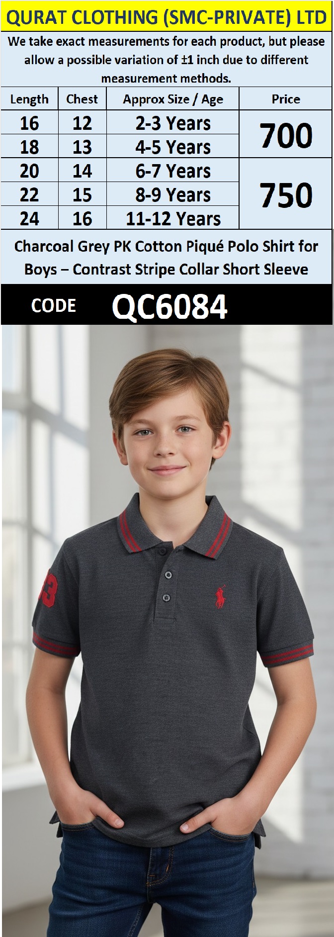 Charcoal Grey PK Cotton Piqué Polo Shirt Number 3 Contrast Stripe Collar Short Sleeve – Premium Smart Polo QC6084