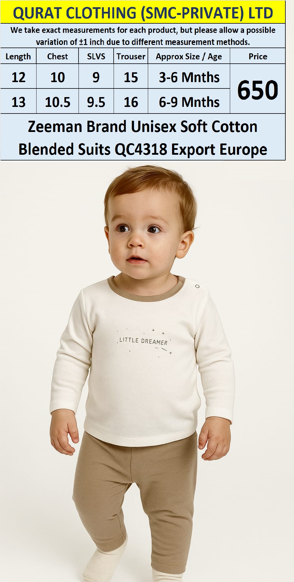 Zeeman Brand Unisex Soft Cotton Blended Suits QC4318 Export Europe 