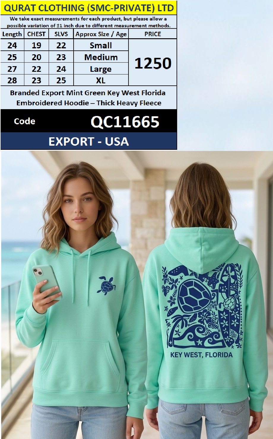 Branded Export Mint Green Key West Florida Embroidered Hoodie – Thick Heavy Fleece – Export USA – QC11665
