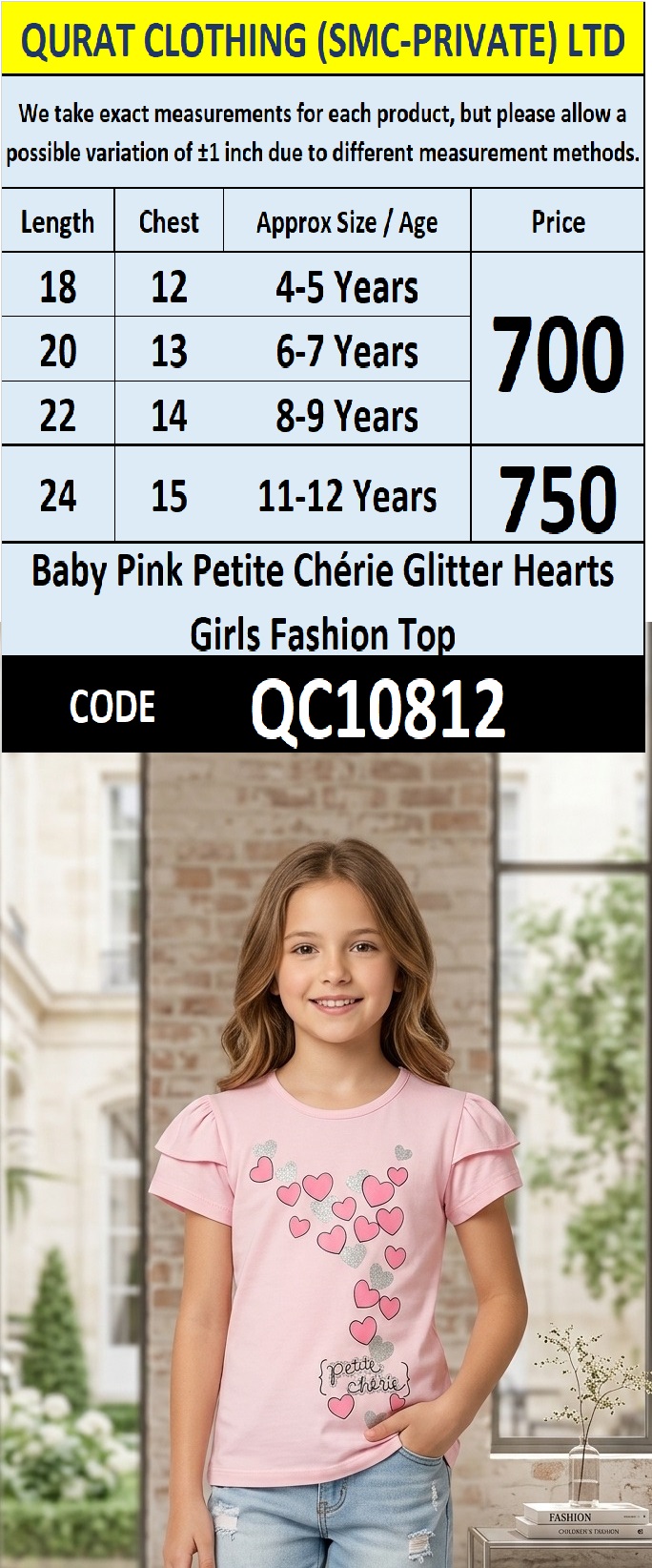 Baby Pink Petite Chérie Glitter Hearts Girls Fashion Top QC10812