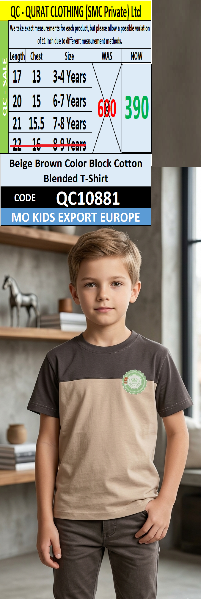 Beige Brown Color Block Cotton Blended T-Shirt QC10881 MO Kids Export Europe 