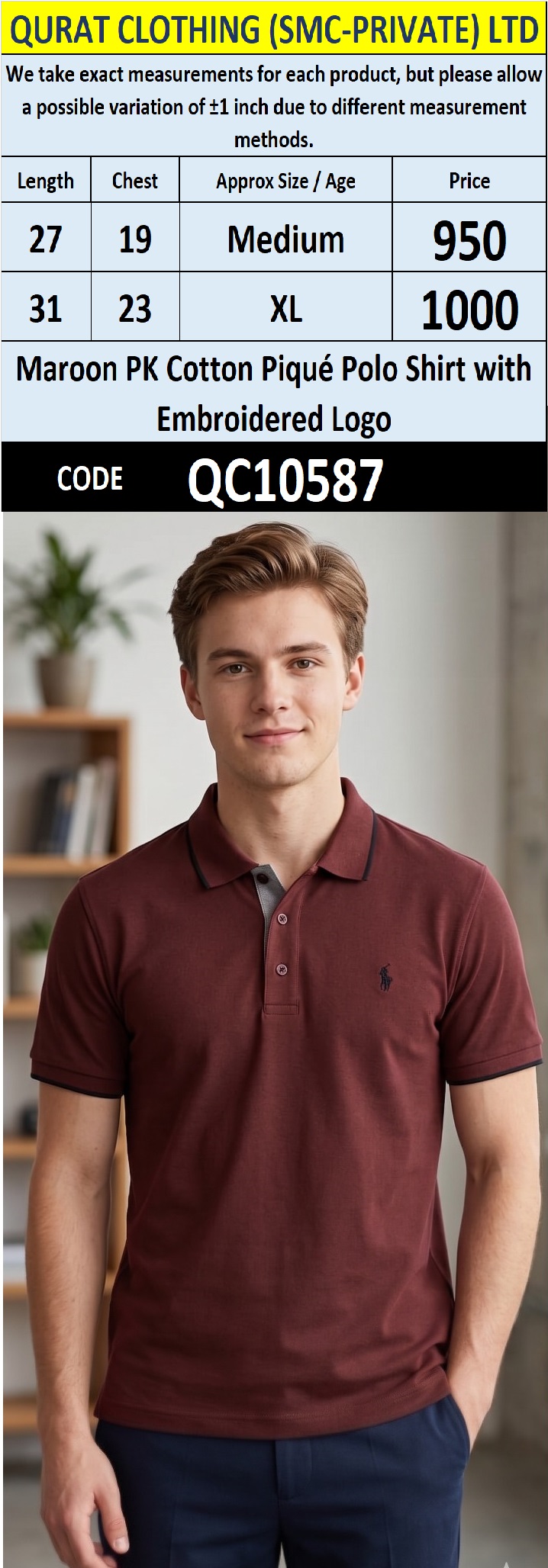 Maroon PK Cotton Piqué Polo Shirt with Embroidered Logo QC10587