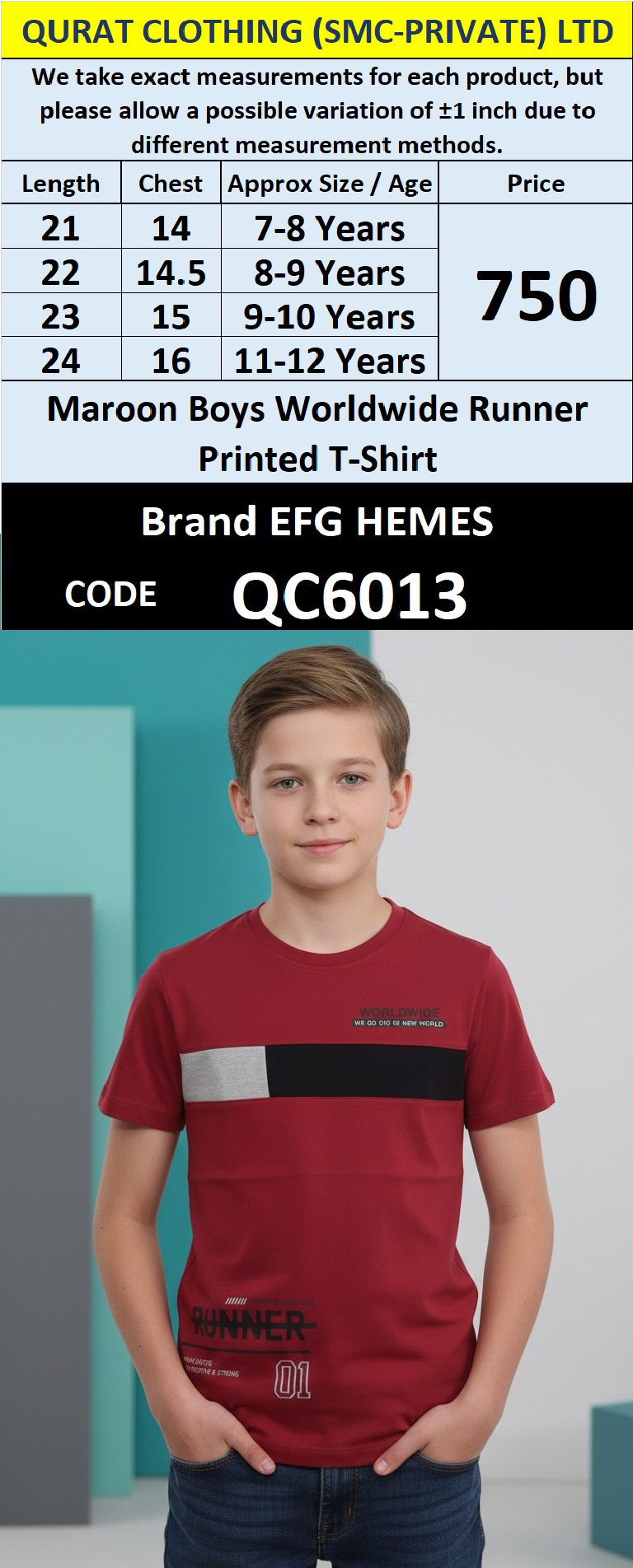 Maroon Cotton Blend Boys T-Shirt WORLDWIDE Runner Printed Text – QC6013