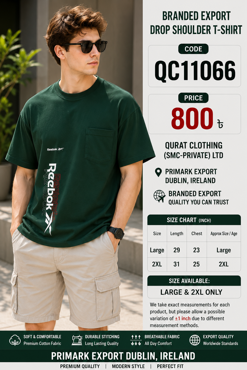 Dark Green Reebok Vertical Print Branded Export Drop Shoulder T-Shirt QC11066 – Primark Export Dublin Ireland