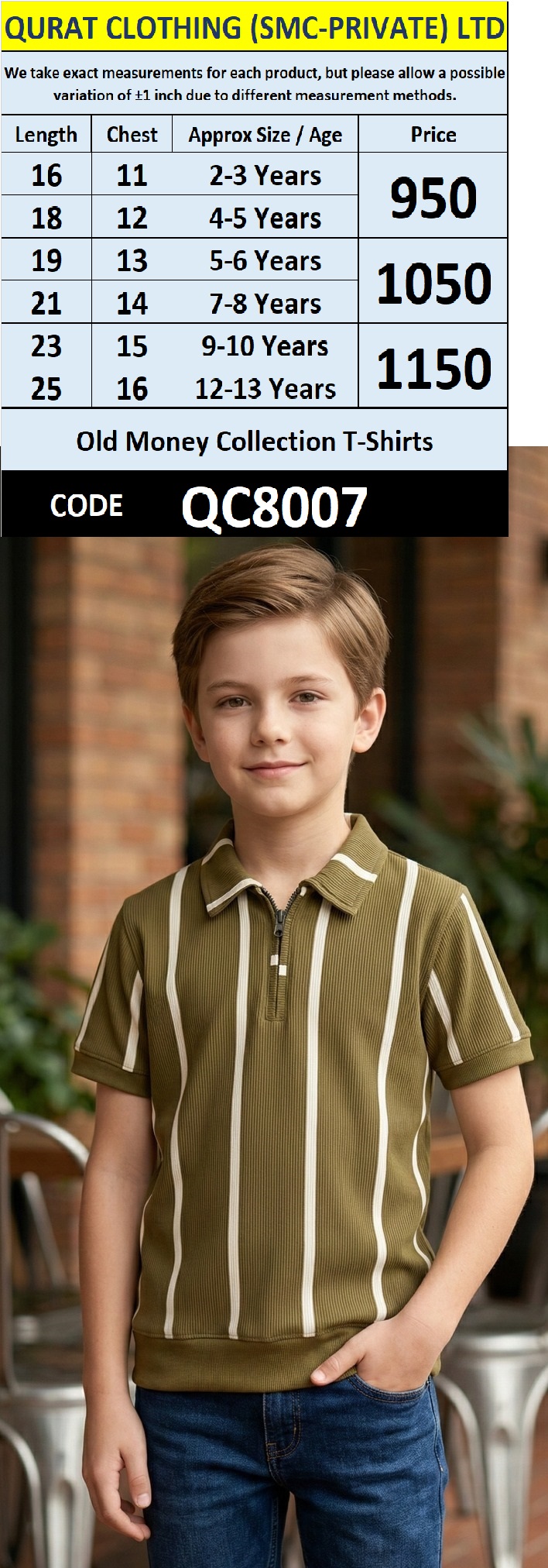 Old Money Olive Green Ribbed Half-Zip Polo T-Shirt with Vertical Cream Stripe Design QC8007