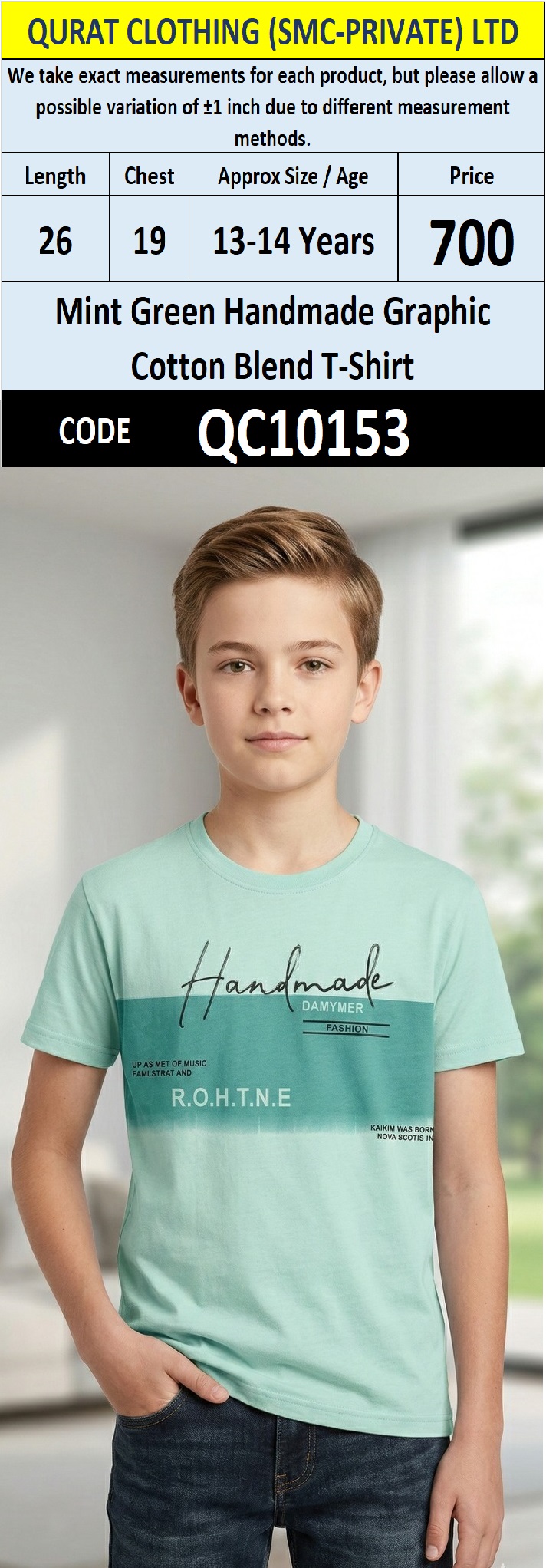 Mint Green Handmade Graphic Cotton Blend Round Neck T-Shirt QC10153