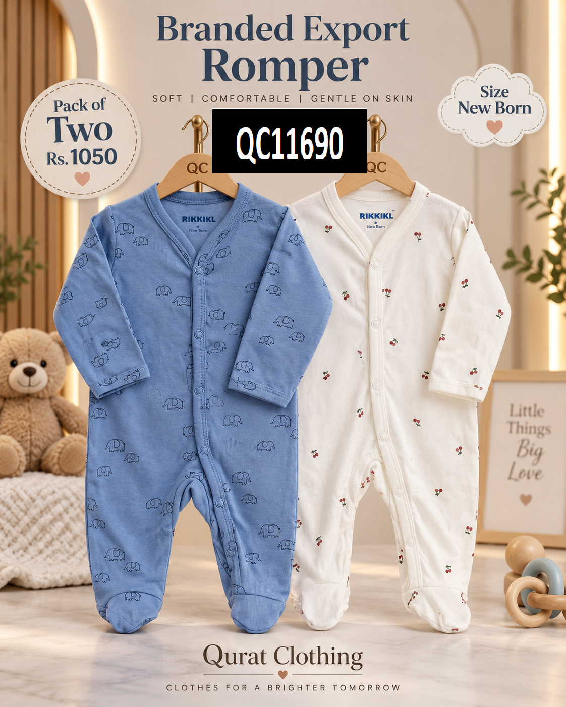 Branded Export Romper Pack of Two – Blue & White - QC11690
