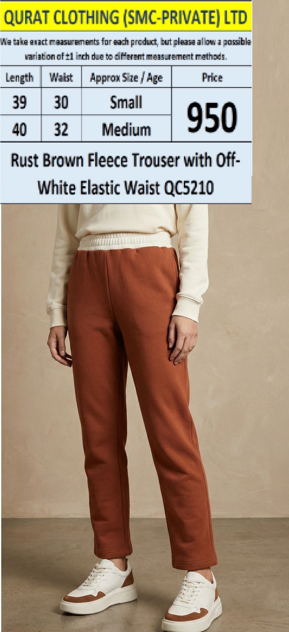Rust Brown Fleece Trouser with Off-White Elastic Waist QC5210