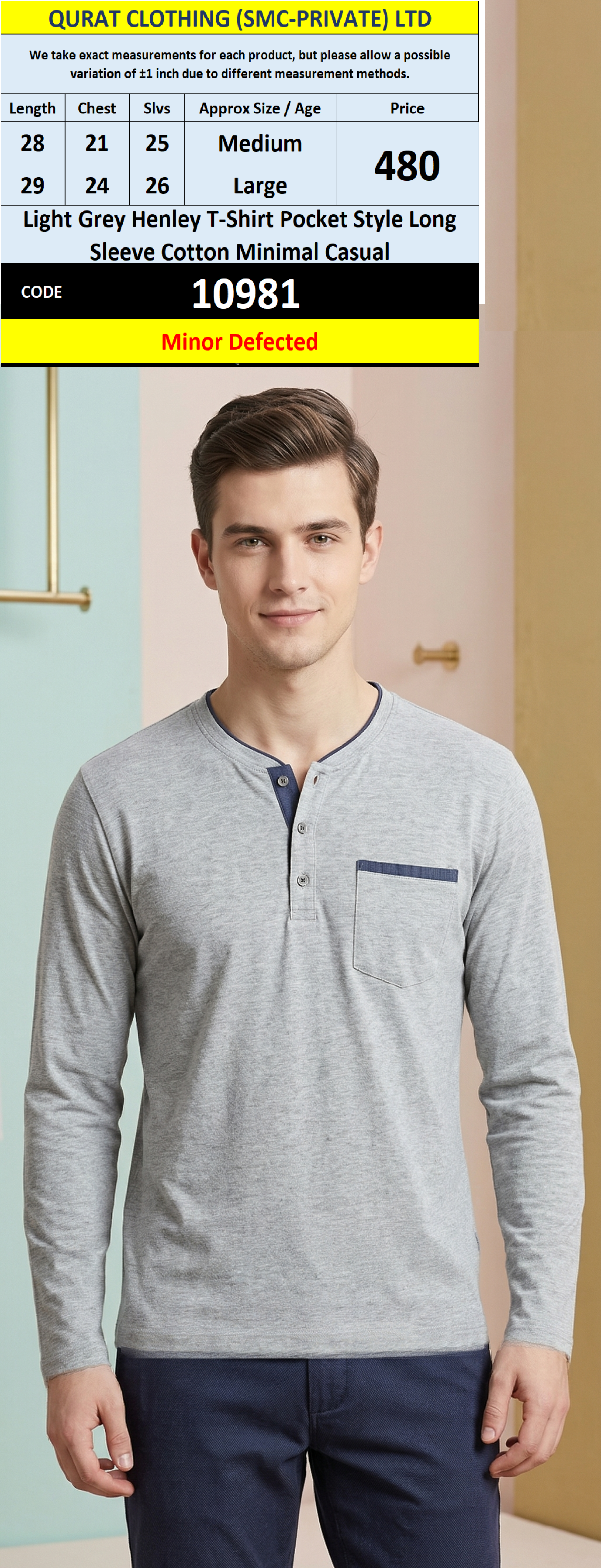 Light Grey Henley Pocket Style Long Sleeve Cotton Casual T-Shirt – QC10981