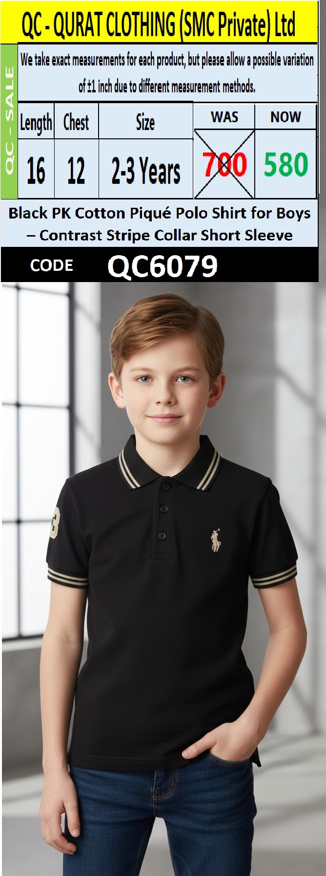 Boys Black PK Cotton Piqué Polo Shirt with Contrast Stripe Collar Short Sleeve – Premium Smart Polo QC6079