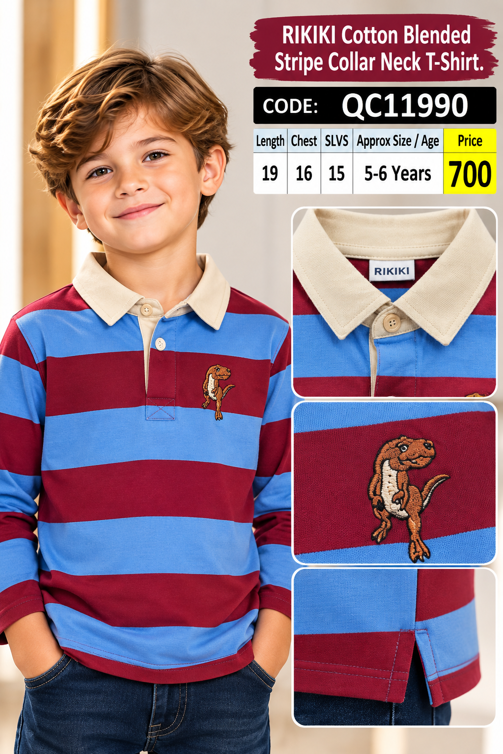 RIKIKI Burgundy and Light Blue Cotton Blend Striped Collar Neck T-Shirt with Dinosaur Motif — QC11990