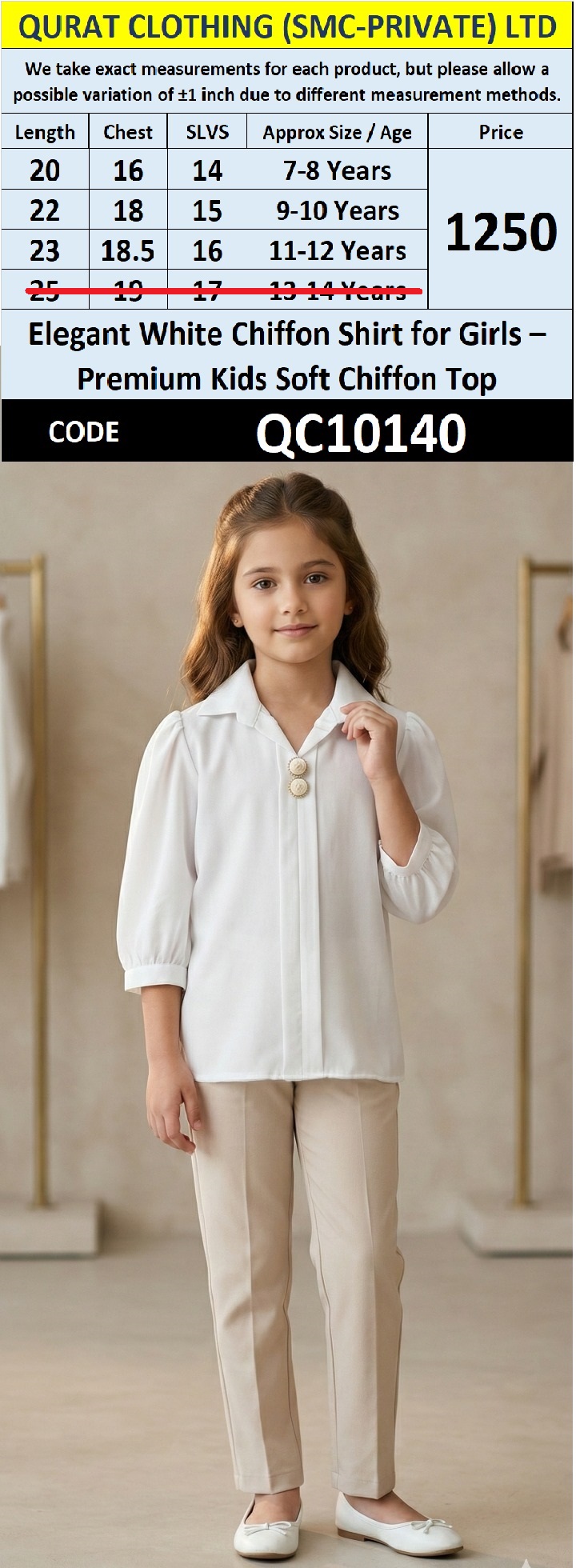 Elegant White Chiffon Shirt for Girls – Premium Kids Soft Chiffon Top QC10140