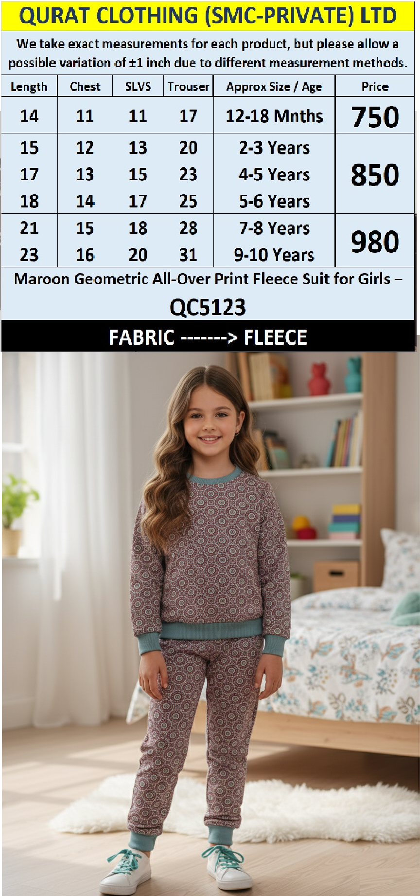 Maroon Geometric All-Over Print Fleece Winter Suit for Girls – QC5123