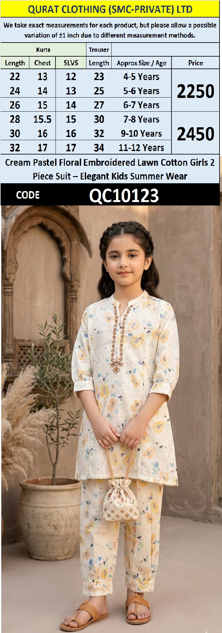Cream Pastel Floral Embroidered Lawn Cotton Girls 2 Piece Suit – Elegant Kids Summer Wear QC10123 - QC10123