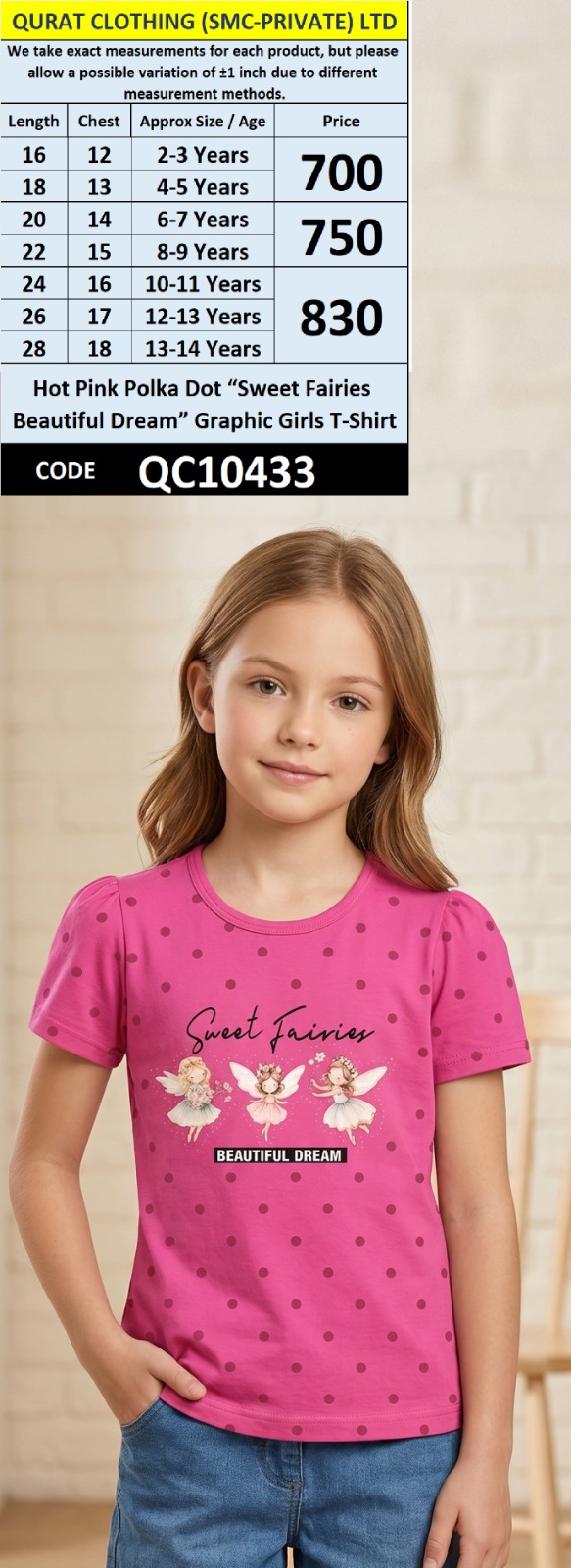 Hot Pink Polka Dot “Sweet Fairies Beautiful Dream” Graphic Girls T-Shirt QC10433