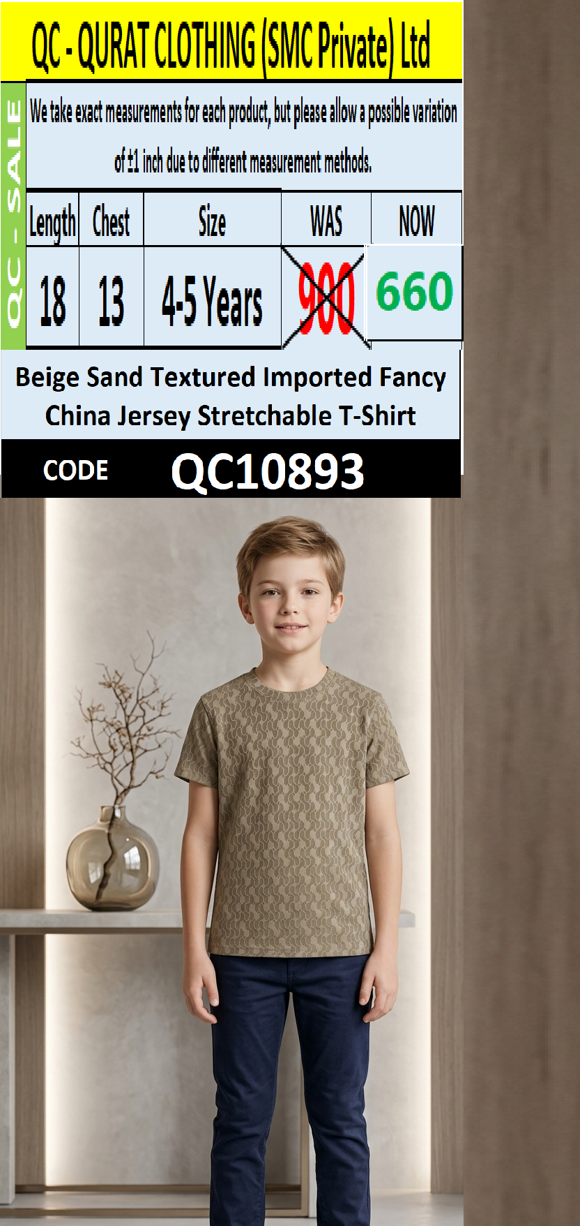 Beige Sand Textured Imported Fancy China Jersey Stretchable T-Shirt QC10893