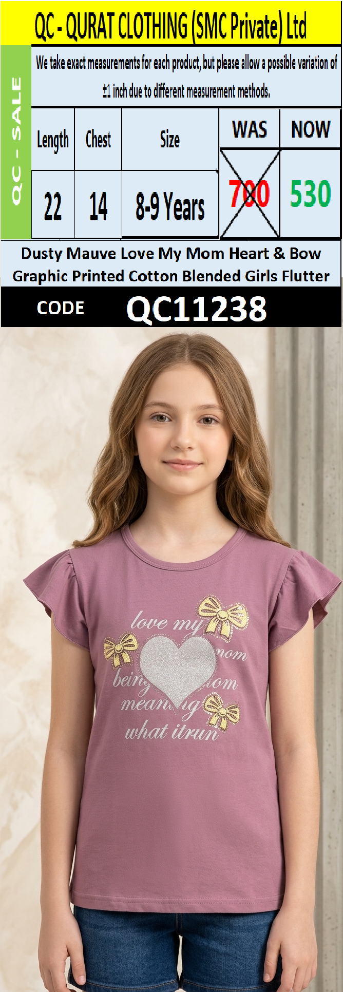 Dusty Mauve Love My Mom Heart & Bow Graphic Printed Cotton Blended Girls Flutter Sleeve T-Shirt QC11238