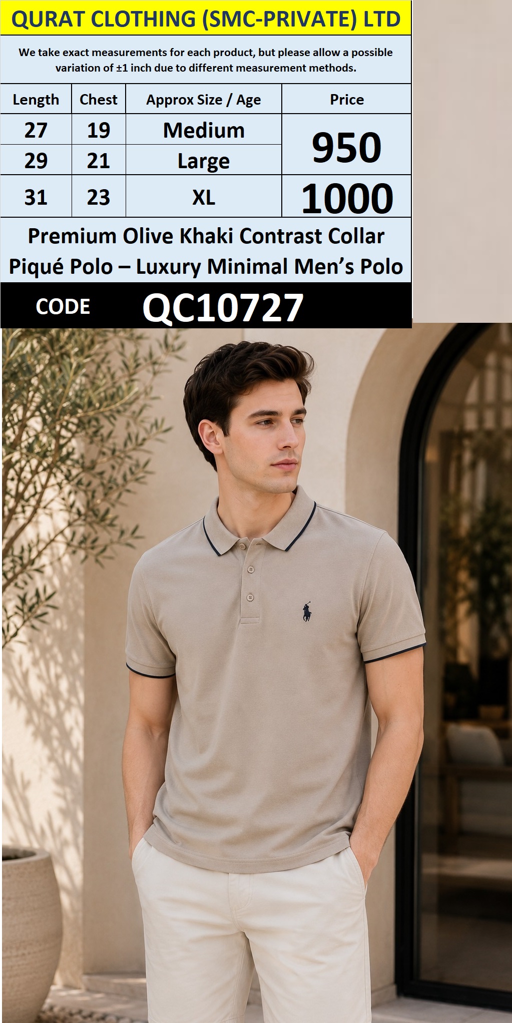 Premium Olive Khaki Contrast Collar Piqué Polo – Luxury Minimal Men’s Polo – QC10727