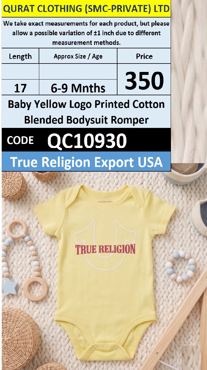 True Religion Baby Yellow Logo Printed Cotton Blended Bodysuit Romper QC10930 – Export USA