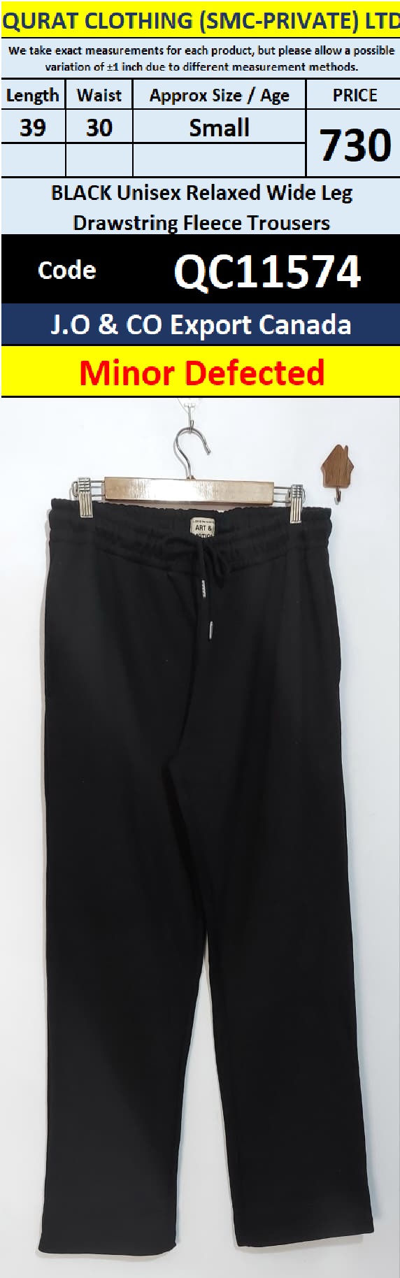Black Unisex Relaxed Wide Leg Drawstring Fleece Trousers – J.O & CO Export Canada – Minor Defected – QC11574