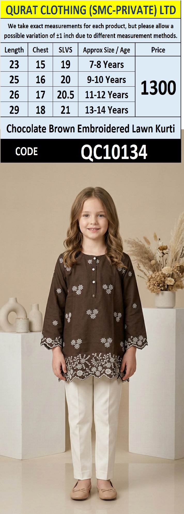 Chocolate Brown Embroidered Lawn Kurti QC10134