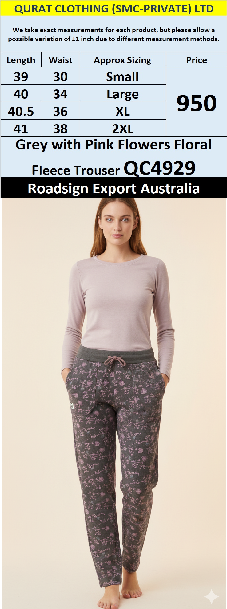 Roadsign Brand Grey with Pink Floral Fleece Trouser QC4929 – Export Australia