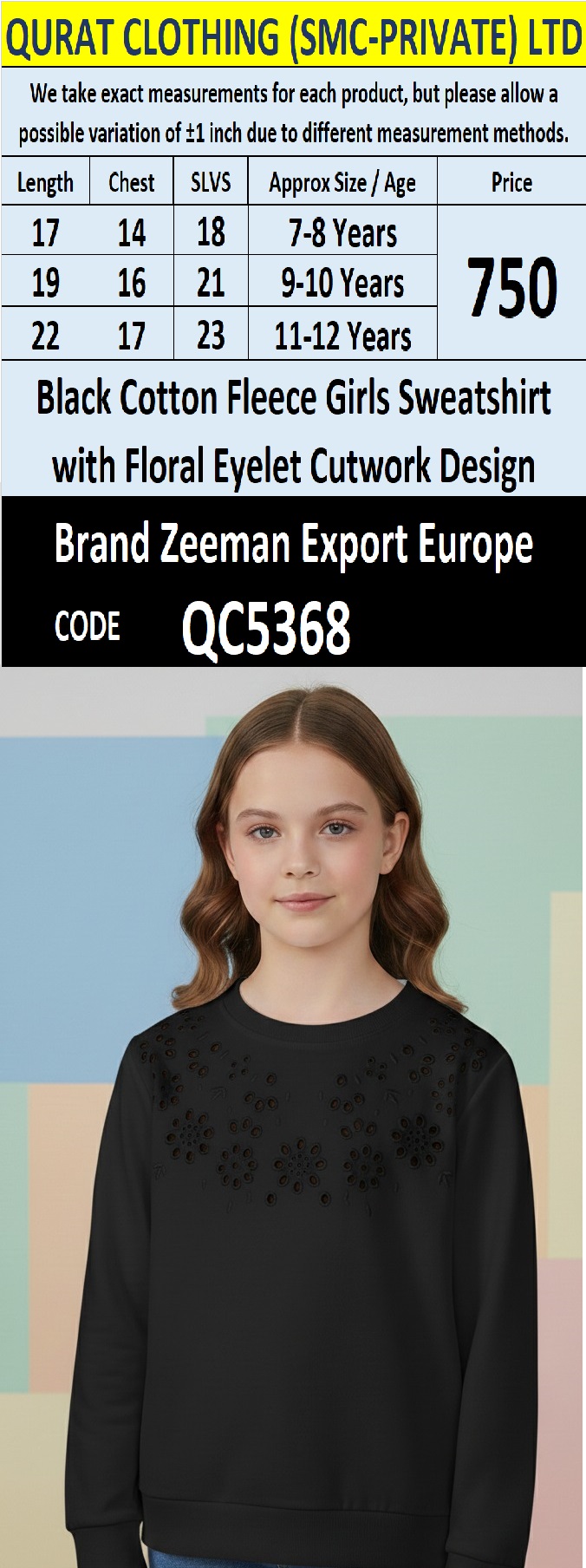 Black Cotton Fleece Girls Sweatshirt with Floraal Eyelet Cutwork Design QC5368 | Zeeman Export Europe