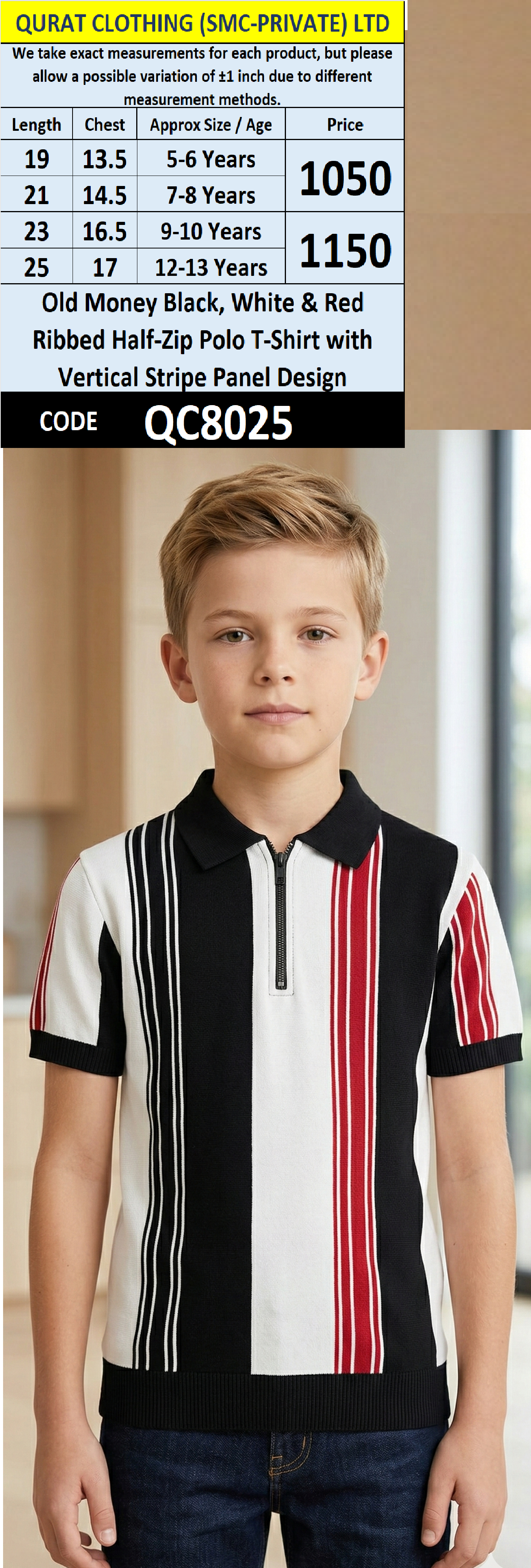 Old Money Black, White & Red Ribbed Half-Zip Polo T-Shirt with Vertical Stripe Panel Design – QC8025
