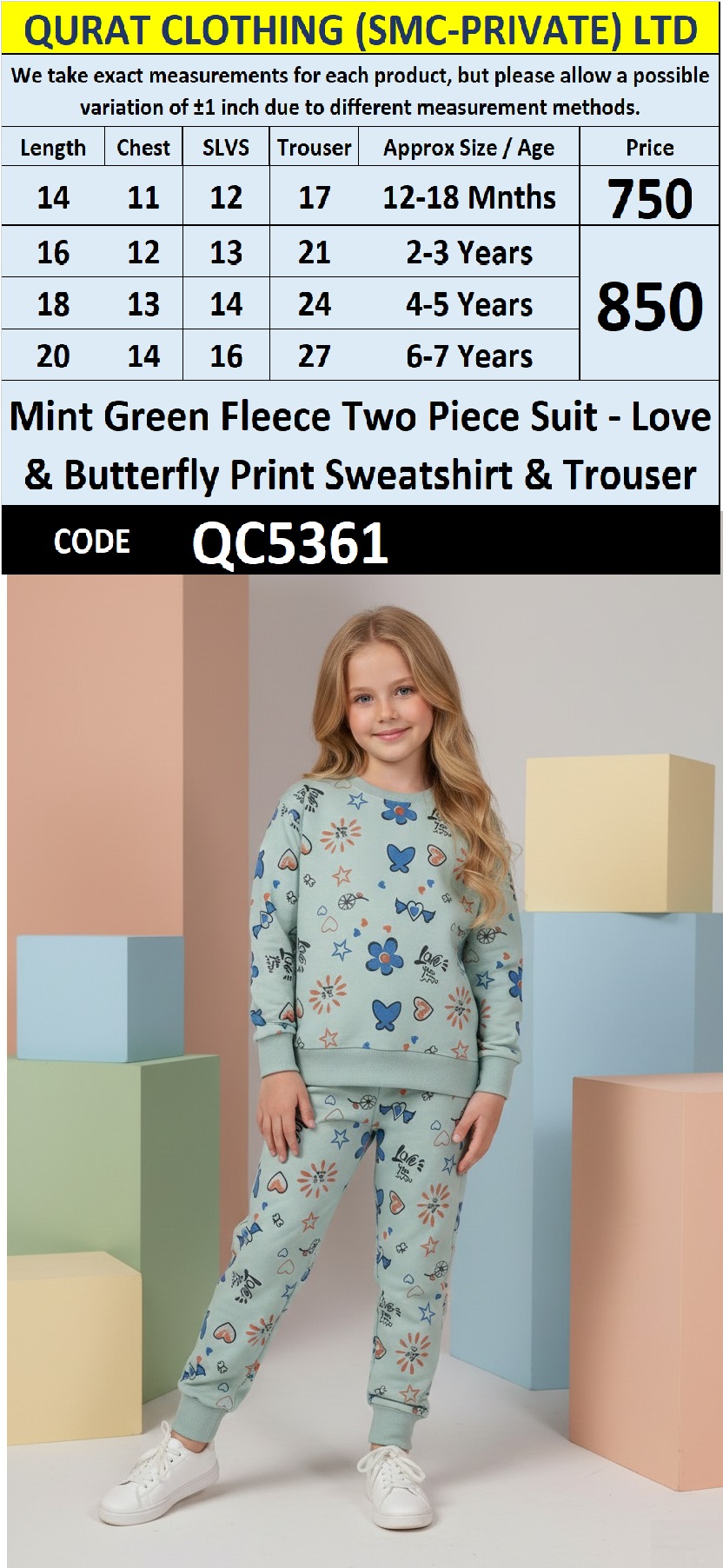 Mint Green Fleece Two Piece Suit Love & Butterfly Print Sweatshirt & Trouser QC5361