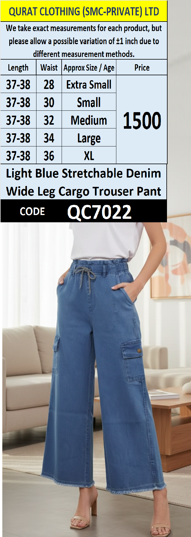 Light Blue Stretchable Denim Wide Leg Cargo Trouser Pant for Women QC7022 - QC7022