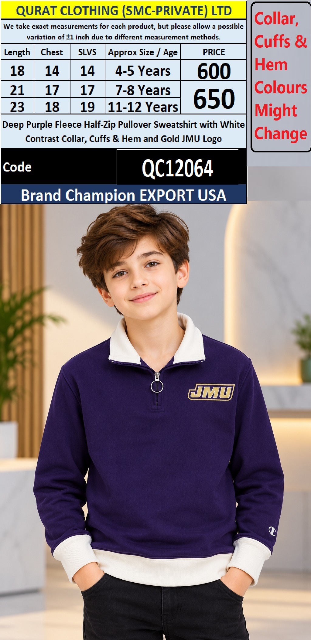 Deep Purple Fleece Half-Zip Pullover Sweatshirt with White Contrast Collar, Cuffs & Hem and Gold JMU Logo – Champion Export USA – QC12064