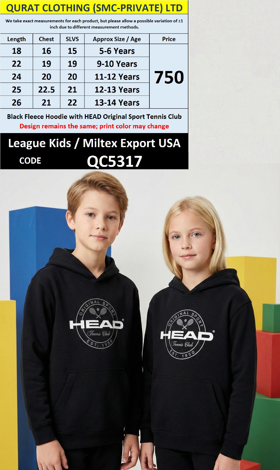 Black Fleece Pullover Hoodie HEAD Original Sport Tennis Club Print Kids QC5317