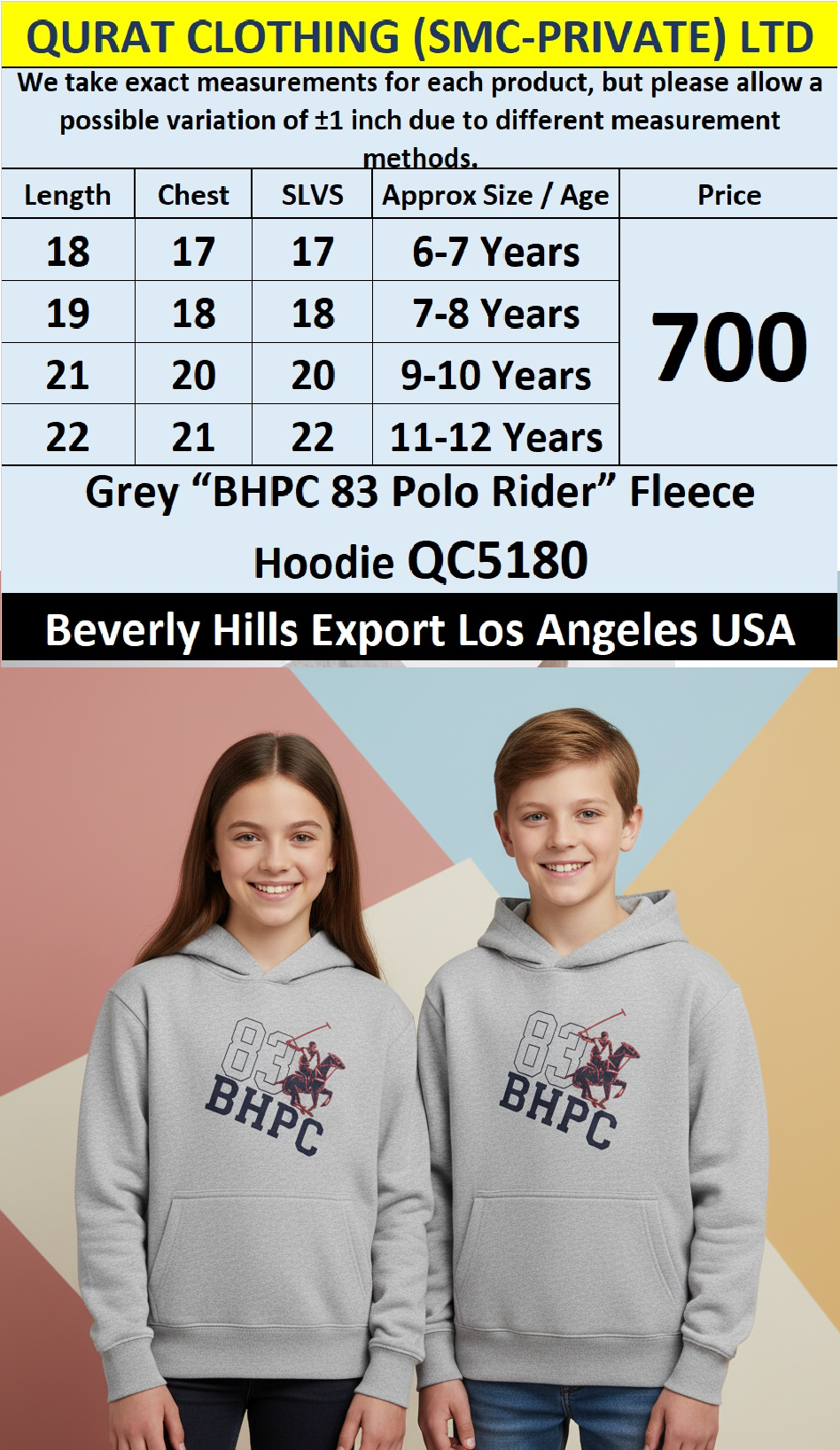 Beverly Hills Brand Grey “BHPC 83 Polo Rider” Fleece Hoodie QC5180 – Export Los Angeles USA